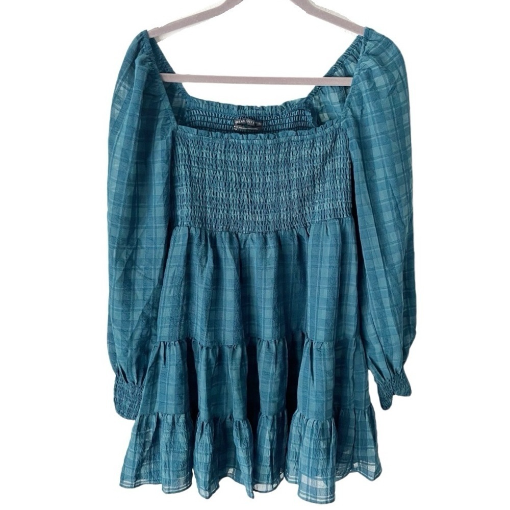 Urban Outfitters Dress Medium River Smocked‎ Long Sleeve Blue Gingham Mini